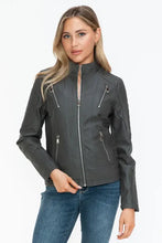 Gray Faux Leather Zip Up Mock Neck Jacket for Women Woman Outerwear