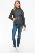 Gray Faux Leather Zip Up Mock Neck Jacket for Women Woman Outerwear