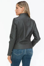 Gray faux leather zip mock neck jacket for women