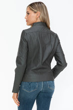 Gray Faux Leather Zip Up Mock Neck Jacket for Women