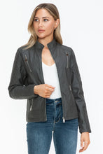 Gray Faux Leather Zip Up Mock Neck Jacket for Women