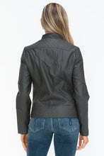 Gray Faux Leather Zip Up Mock Neck Jacket for Women