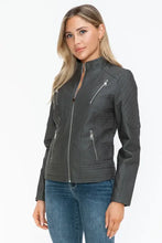 Gray Faux Leather Zip Up Mock Neck Jacket for Women Woman Outerwear