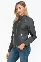 Gray Faux Leather Zip Up Mock Neck Jacket for Women Woman Outerwear