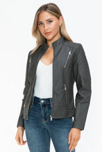 Gray Faux Leather Zip Up Mock Neck Jacket for Women