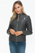Gray Faux Leather Zip Up Mock Neck Jacket for Women Woman Outerwear