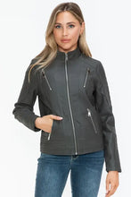 Gray Faux Leather Zip Up Mock Neck Jacket for Women Woman Outerwear