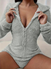 Gray fuzzy hooded romper for women, basic style hooded fleece