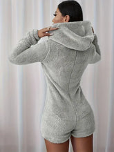 Gray hooded fleece teddy romper for women, machine wash basic style