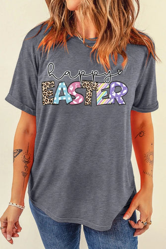 Gray Happy Easter Graphic Rolled Sleeve T Shirt for Women Dark Gray