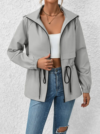 Gray Hooded Drawstring Jacket with Long Sleeve Length for Women Gray