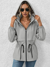 Gray Hooded Drawstring Jacket with Long Sleeve Length for Women