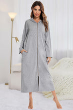 Gray Hooded Zip Maxi Dress Lounge Robe with Pockets Light Gray