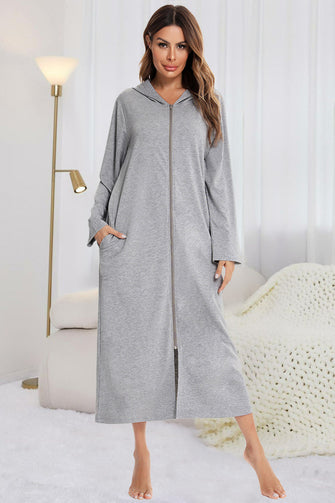 Gray Hooded Zip Maxi Dress Lounge Robe with Pockets Light Gray