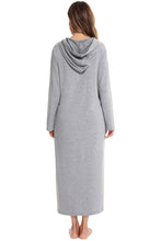 Gray Hooded Zip Maxi Dress Lounge Robe with Pockets