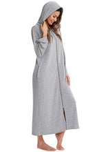 Gray Hooded Zip Maxi Dress Lounge Robe with Pockets