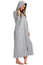 Gray Hooded Zip Maxi Dress Lounge Robe with Pockets Sleep Dresses