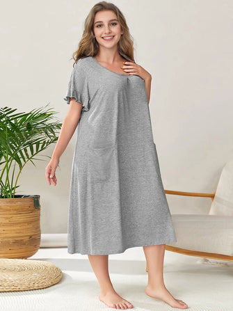 Gray Knit Midi Nightgown with Moderate Stretch Gray