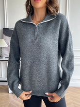 Gray Knit Quarter-Zip Sweater with White-Trimmed Collar Charcoal