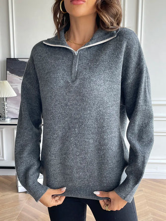 Gray Knit Quarter-Zip Sweater with White-Trimmed Collar Charcoal