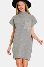 Gray Knit Short Sleeve Sweater Mini Dress with Pocket Grey