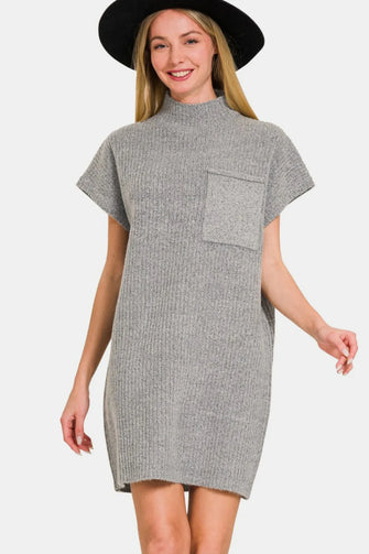 Gray Knit Short Sleeve Sweater Mini Dress with Pocket Grey