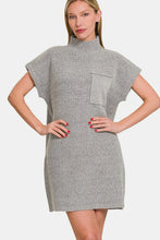 Gray Knit Short Sleeve Sweater Mini Dress with Pocket