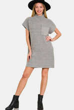 Gray Knit Short Sleeve Sweater Mini Dress with Pocket