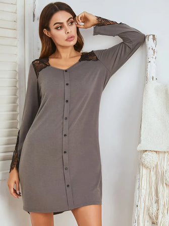 Gray Lace Accented Long Sleeve Button Down Nightgown Dark Gray