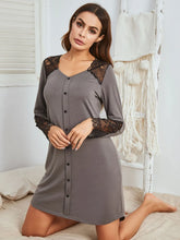 Gray Lace Accented Long Sleeve Button Down Nightgown
