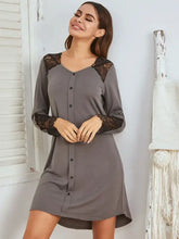 Gray Lace Accented Long Sleeve Button Down Nightgown Dresses