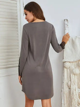 Gray Lace Accented Long Sleeve Button Down Nightgown Dresses