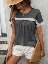 Gray Lace Trim Round Neck Short Sleeve T-Shirt for Women Woman T Shirts