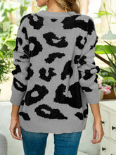 Gray Leopard Print Sweater Long Sleeve Pullover for Women