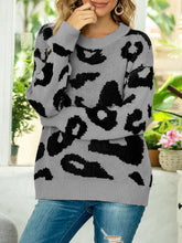 Gray Leopard Print Sweater Long Sleeve Pullover for Women