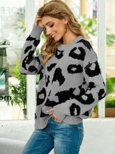 Gray Leopard Print Sweater Long Sleeve Pullover for Women