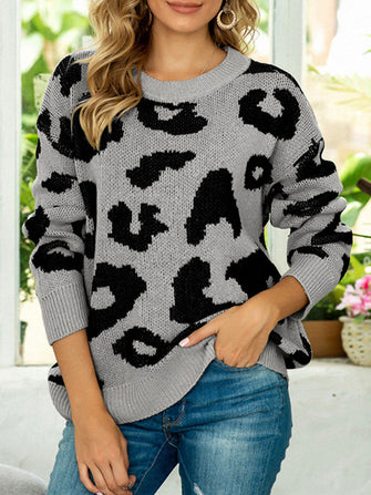 Gray Leopard Print Sweater Long Sleeve Pullover for Women Gray
