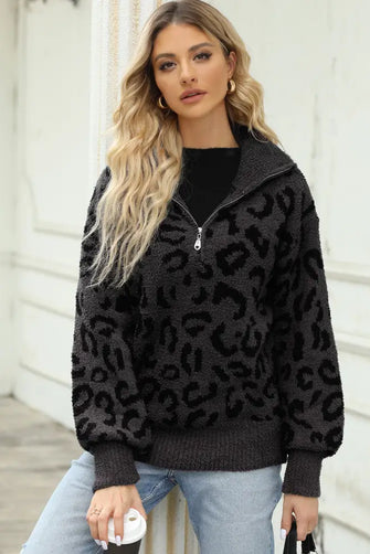 Gray Leopard Print Zip Up Sweater Long Sleeve Cardigan Pullover Black Sweater Pullovers
