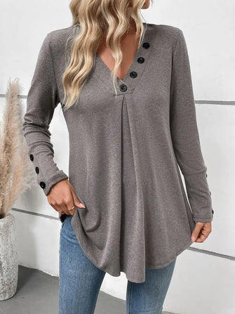 Gray Long Sleeve Button-Neck Tunic Top for Women Gray