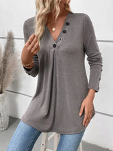 Gray long sleeve button-down tunic top with v-neck and pleated front