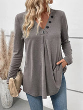 Gray Long Sleeve Button-Neck Tunic Top for Women