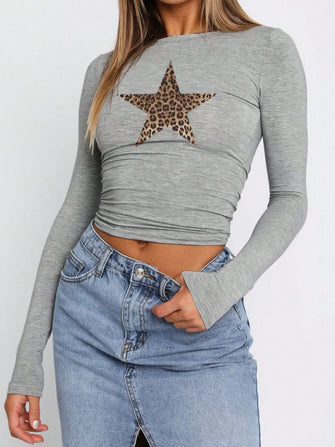 Gray Long-Sleeve Crop Top with Leopard Print Star Gray