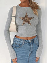 Gray Long-Sleeve Crop Top with Leopard Print Star