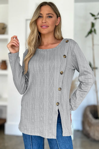 Gray Long Sleeve Knit Cardigan with Side Button Accents Gray