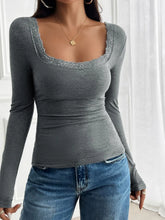 Gray Long Sleeve Lace Trim Top for Women