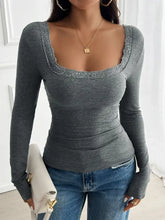 Gray Long Sleeve Lace Trim Top for Women Woman T Shirts