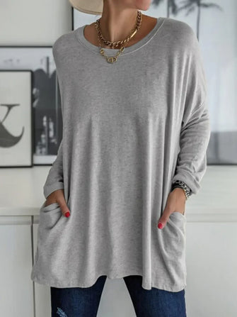 Gray Long Sleeve Oversized Tunic with Pockets for Women Dark Gray