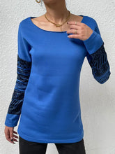 Gray Long Sleeve Patterned Top for Women Off Shoulder Casual Style Cobalt Blue Woman T Shirts
