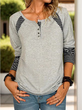 Gray Long Sleeve Shirt with Black and White Striped Accents for Women Gray