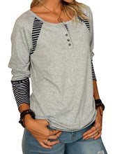 Gray Long Sleeve Shirt with Black and White Striped Accents for Women